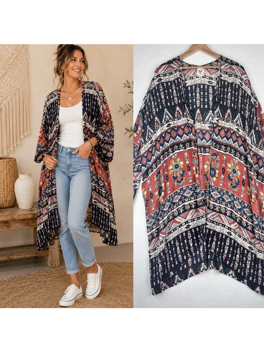 Billabong Boho Tribal Floral Open Front Kimono Cover Up M/L Navy Pink Rayon - Picture 1 of 6